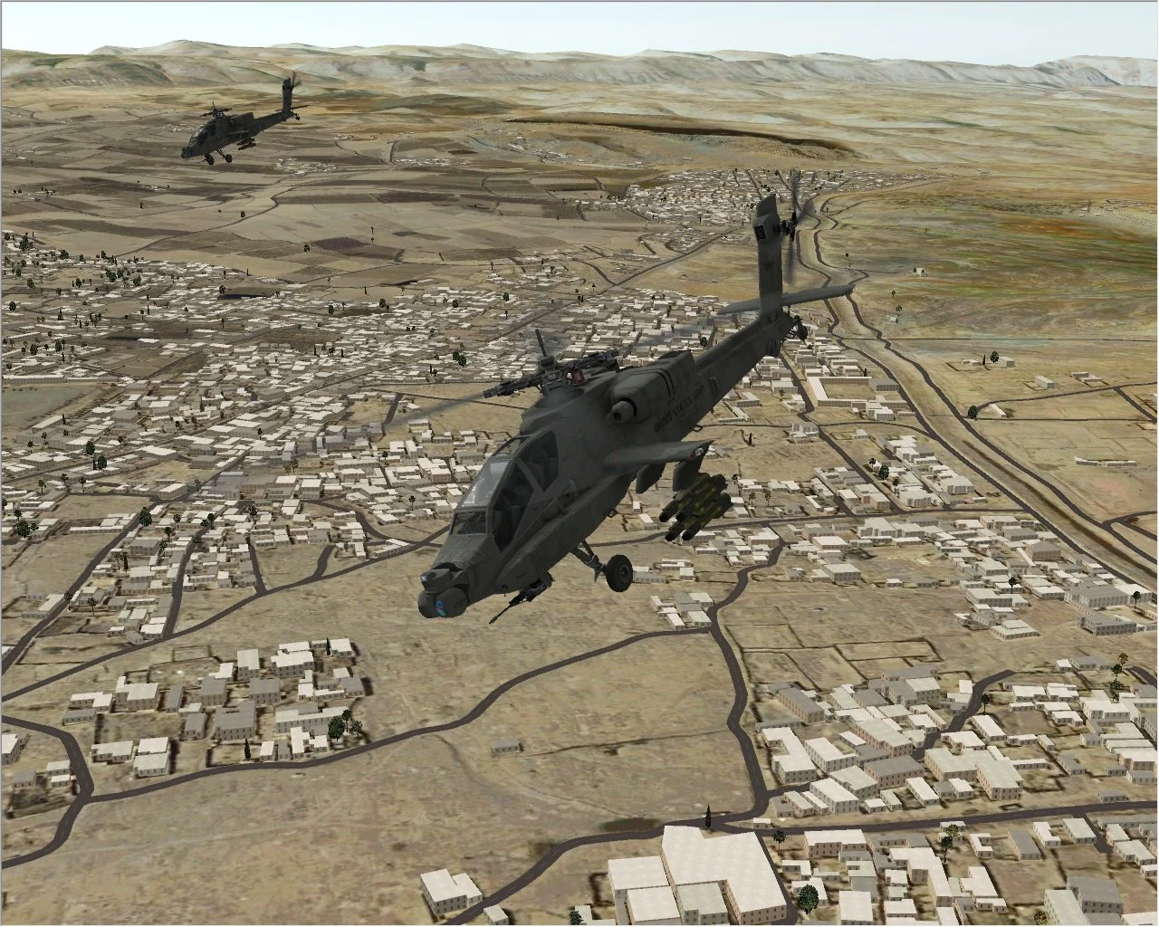 Apache attack helicopter over a city, rendered in SIMbox
