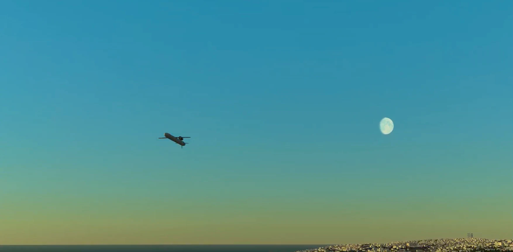 Aircraft at dusk with the moon rising over the coast, rendered in SIMbox